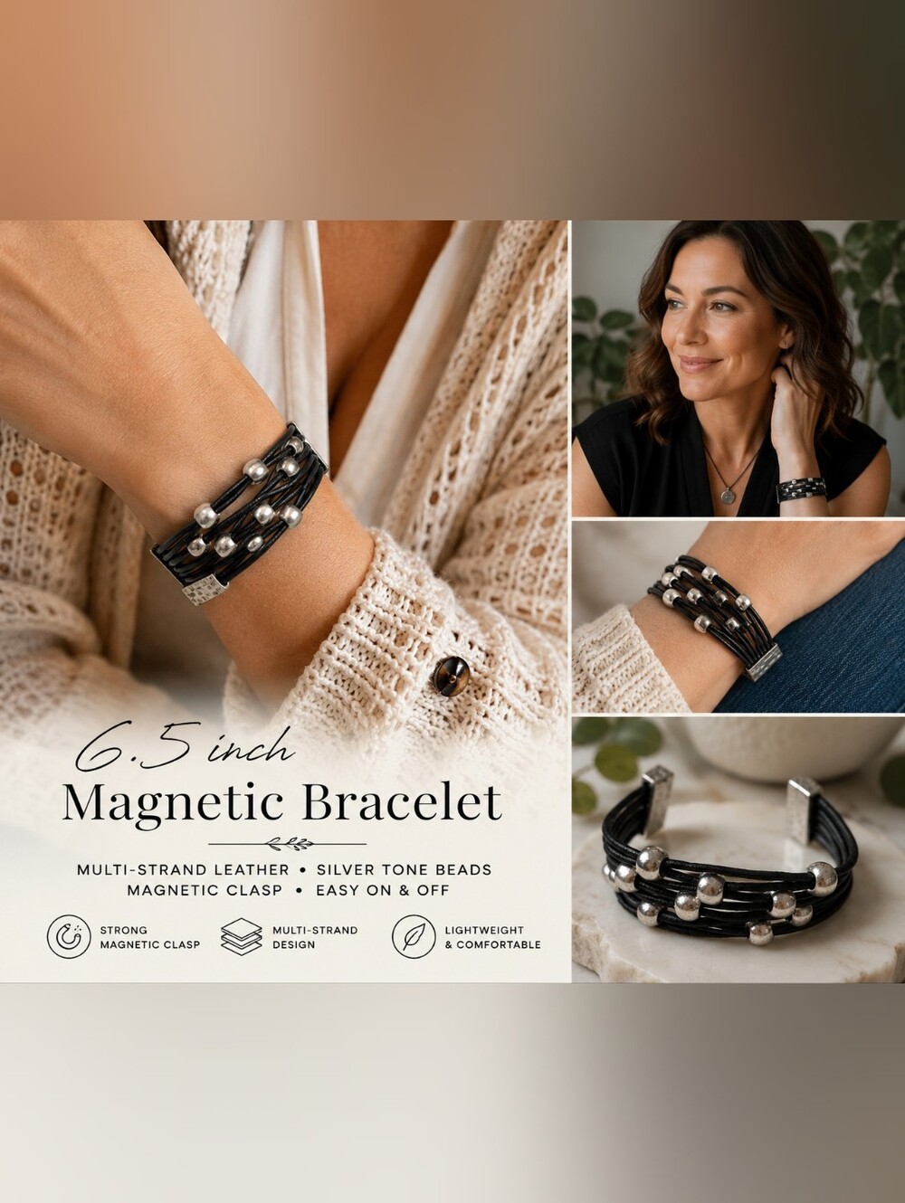 6.5" Black Multi-Strand Leather Magnetic Cuff Bracelet Silver Tone Beaded Wide
